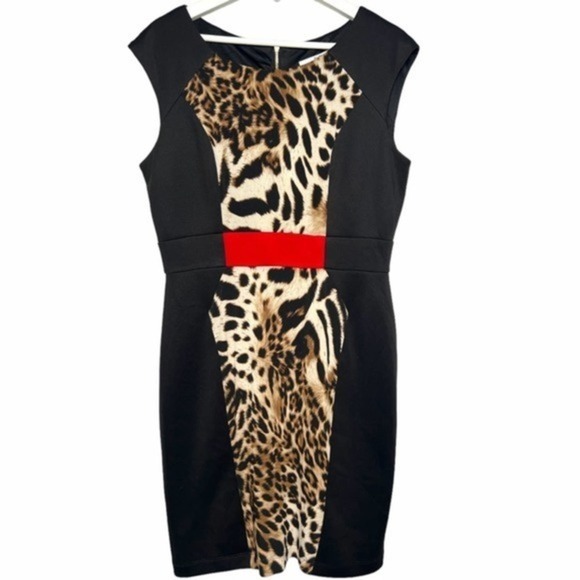 Studio One Dresses & Skirts - Studio One Leopard Print Splash of Red‎ Sleeveless Body Con Dress Size 12